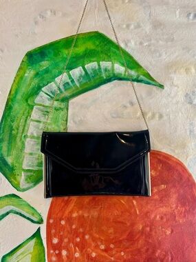 Vintage Black Patent Envelope Clutch with Chain Strap